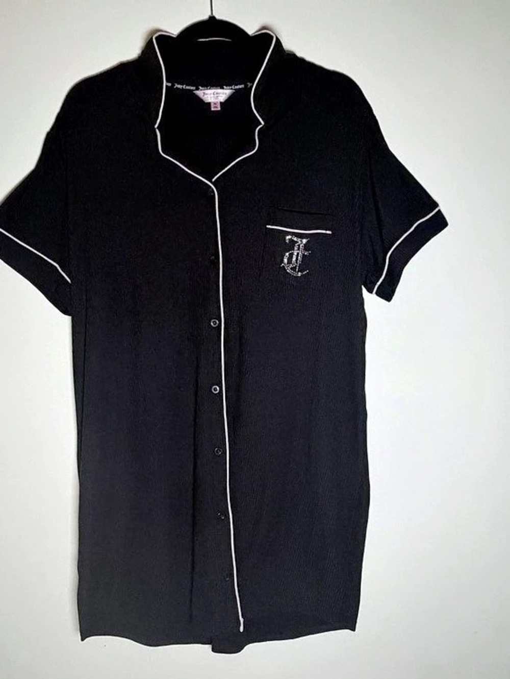 Juicy Couture Ribbed Rhinestone Logo Sleep Shirt Dress Black XL